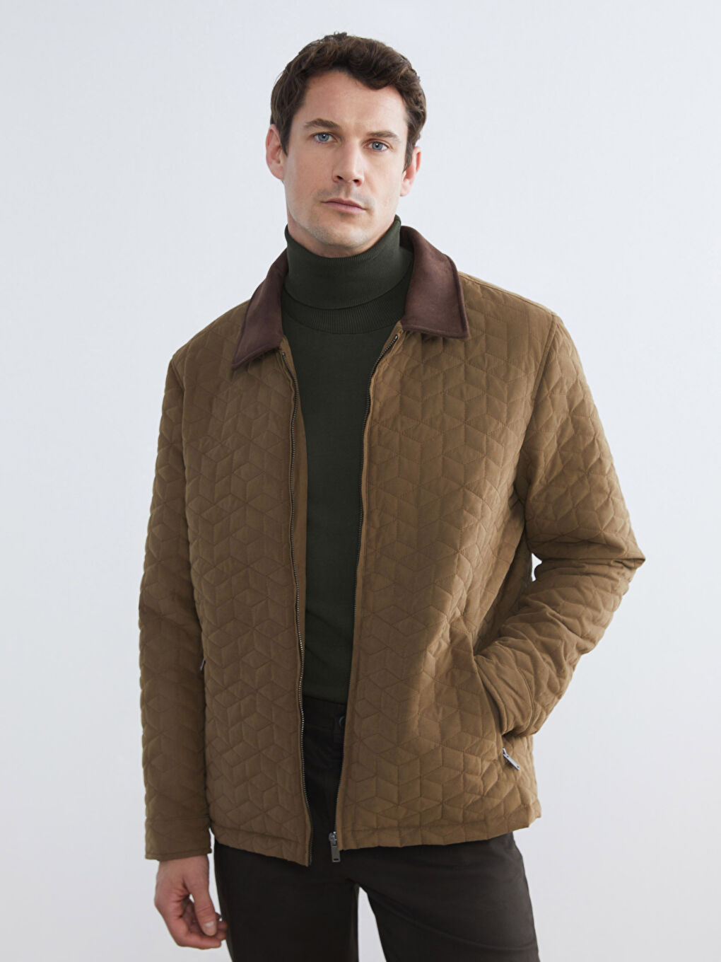 Kahverengi Standart Kalıp Gömlek Yaka Kapitoneli Erkek Mont