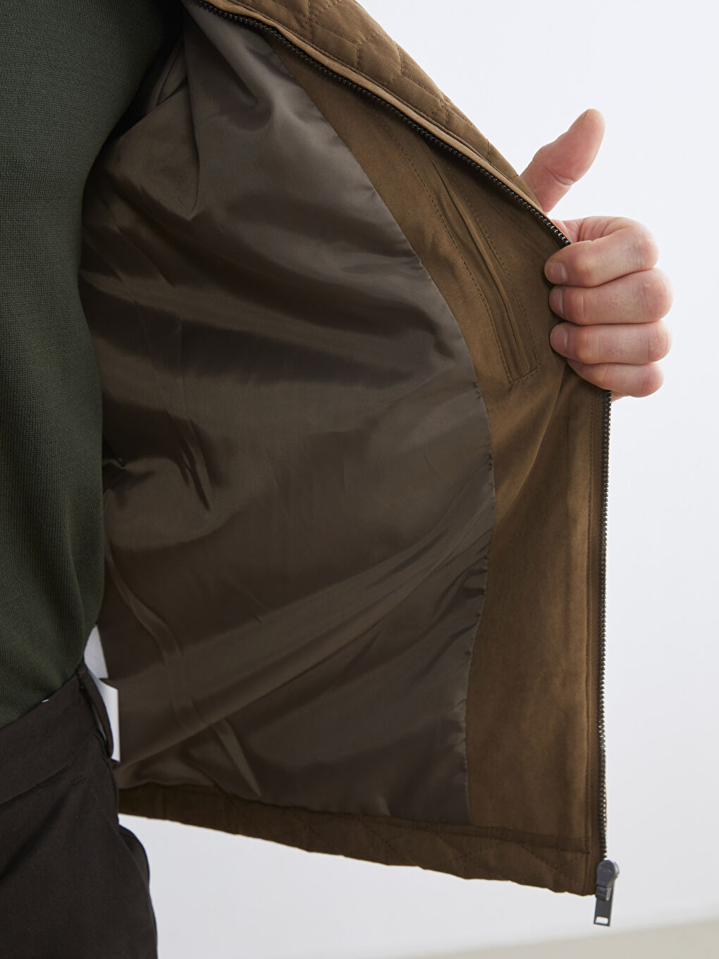 Kahverengi Standart Kalıp Gömlek Yaka Kapitoneli Erkek Mont-3