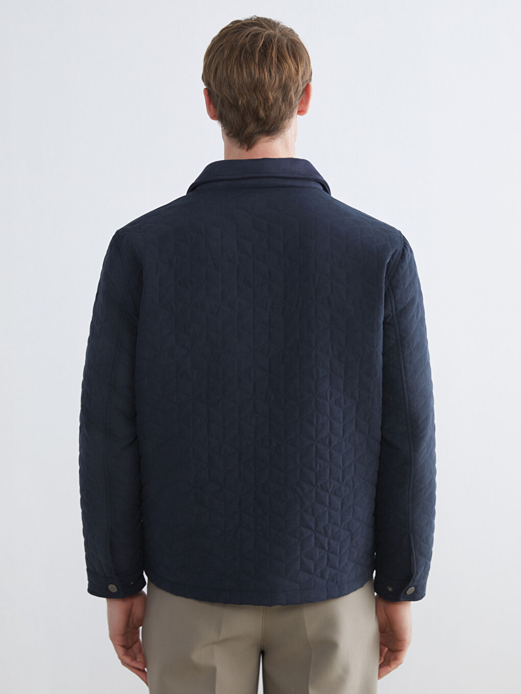 Lacivert Standart Kalıp Gömlek Yaka Kapitoneli Erkek Mont-4