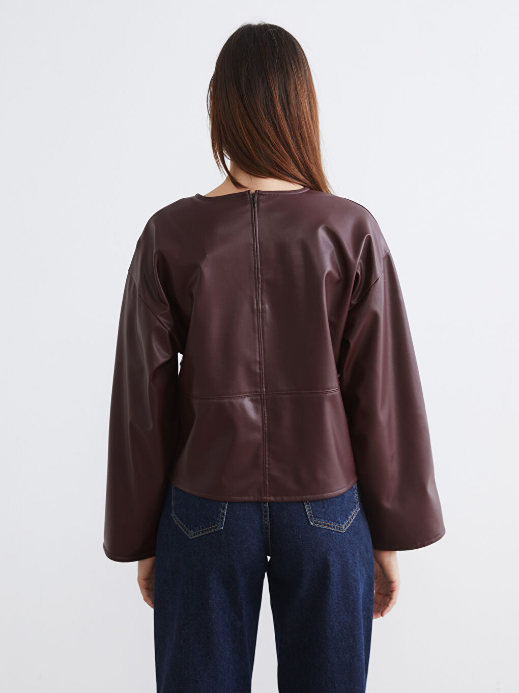 Bordo Bisiklet Yaka Deri Görünümlü Bluz-3