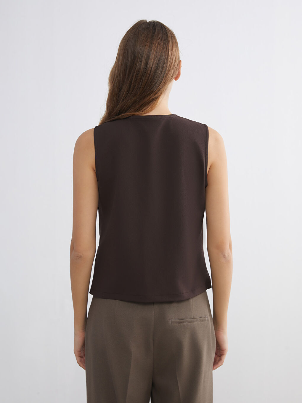 Kahverengi Bisiklet Yaka Kadın Klasik Yelek-3