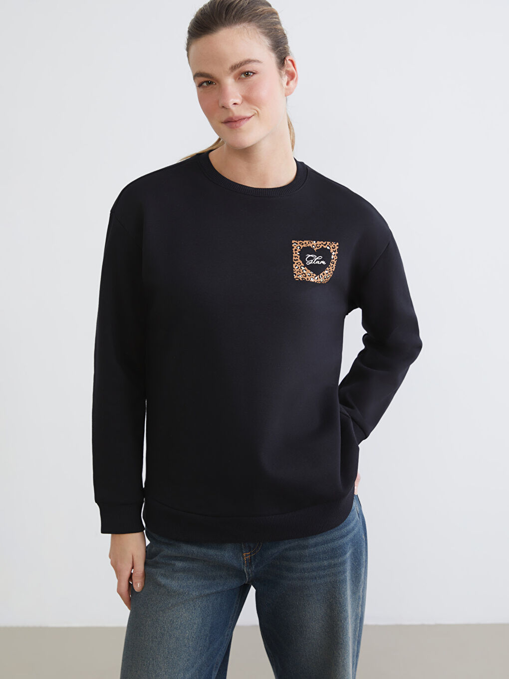 Siyah Baskılı Oversize Kadın Kalın Sweatshirt