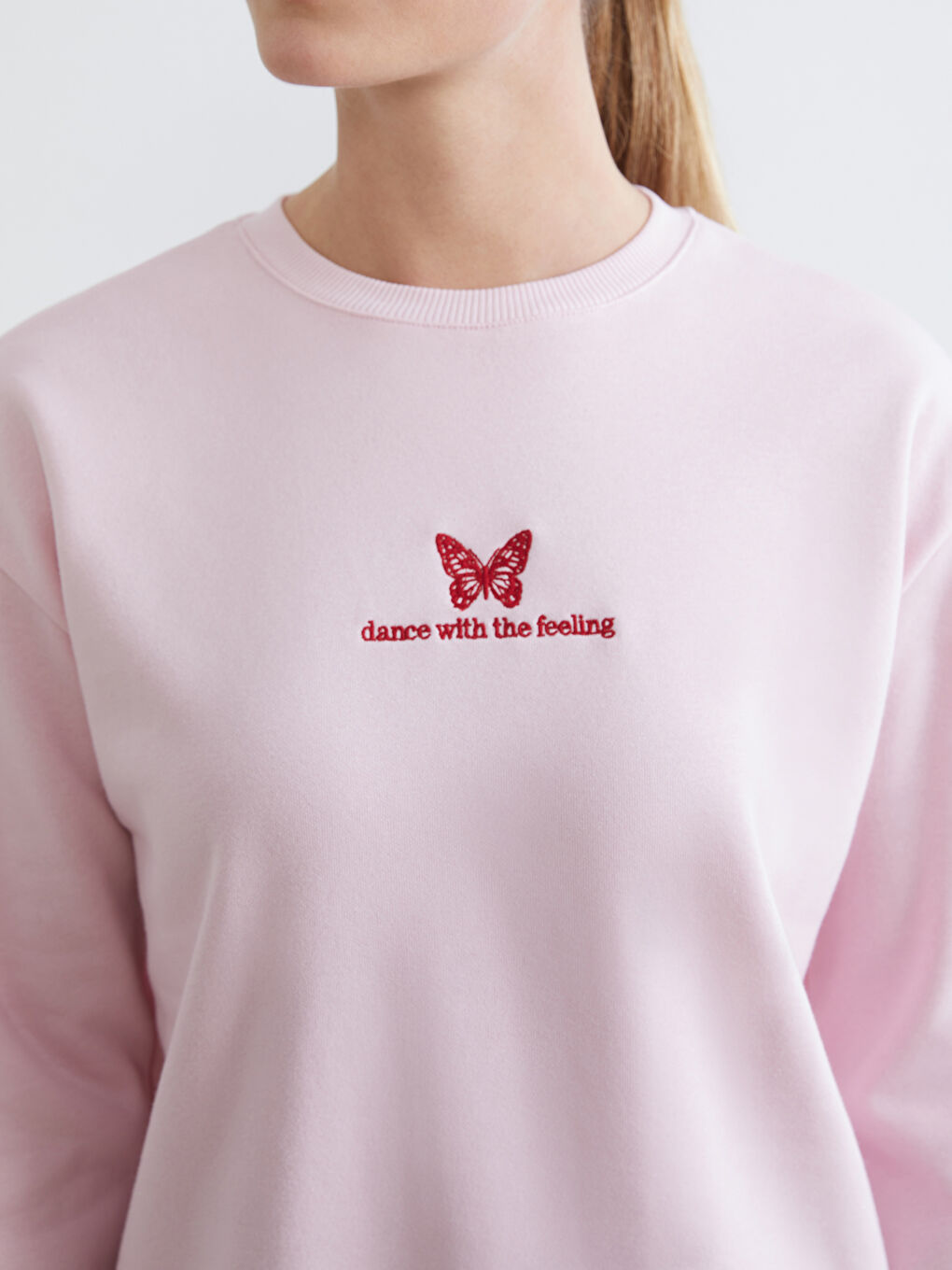 Pembe Nakışlı Oversize Kadın Kalın Sweatshirt-2