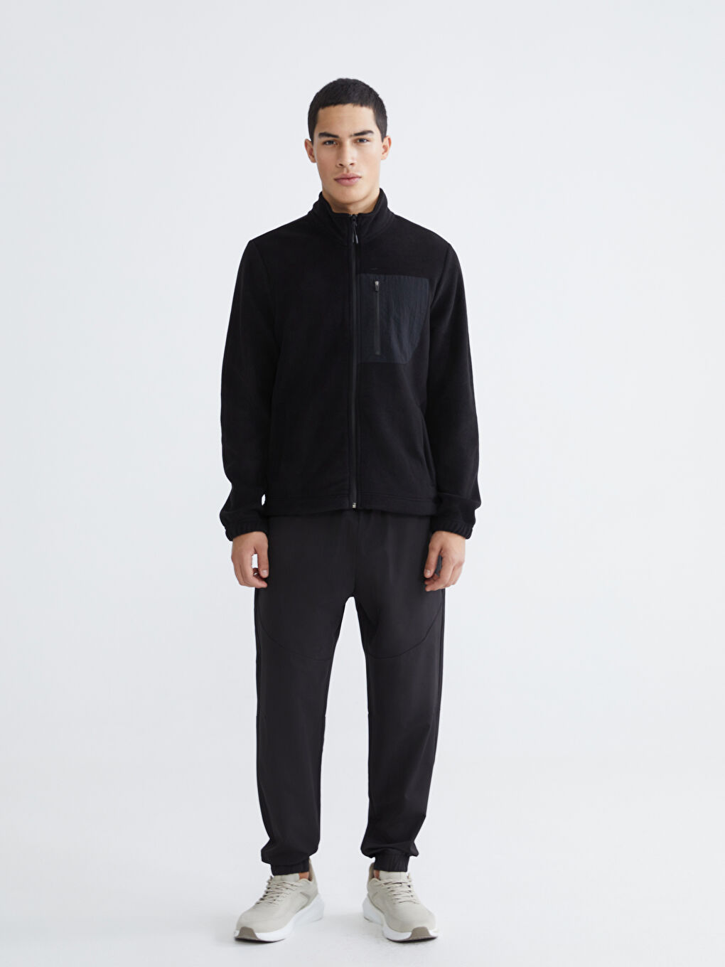 Siyah Dik Yaka Erkek Fermuarlı Sweatshirt-1