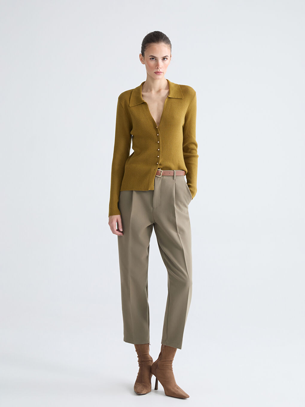 поло жағалы әйелдерге арналған трикотаж кардиган-1