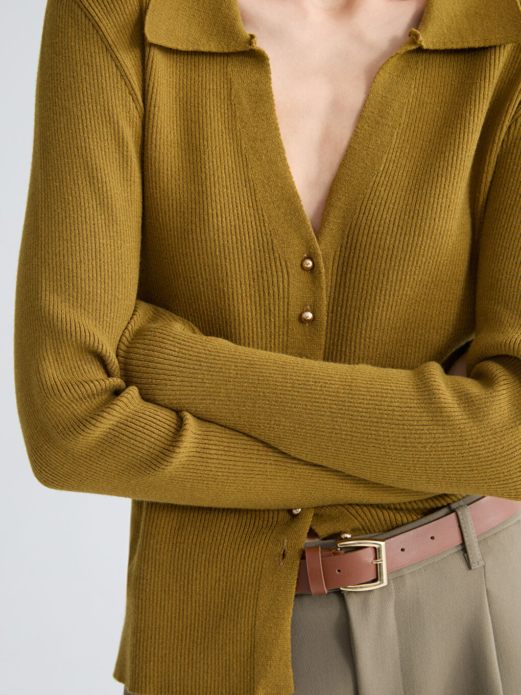 поло жағалы әйелдерге арналған трикотаж кардиган-2