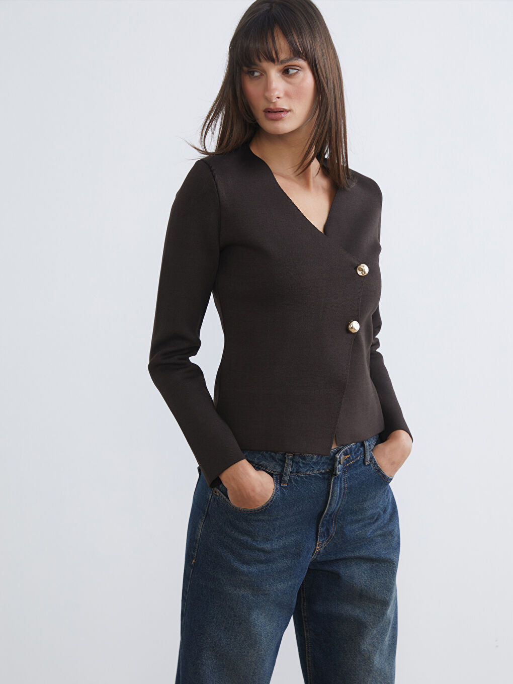 Kahverengi Kruvaze Yaka Kadın Triko Hırka