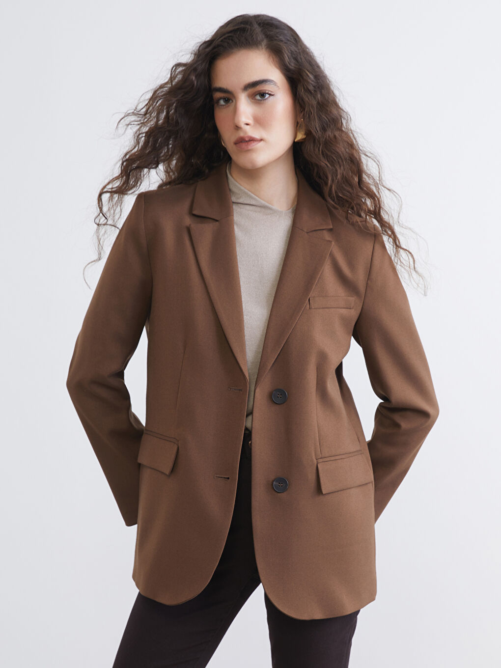 Bej Kruvaze Yaka Kadın Kaşe Blazer Ceket-5