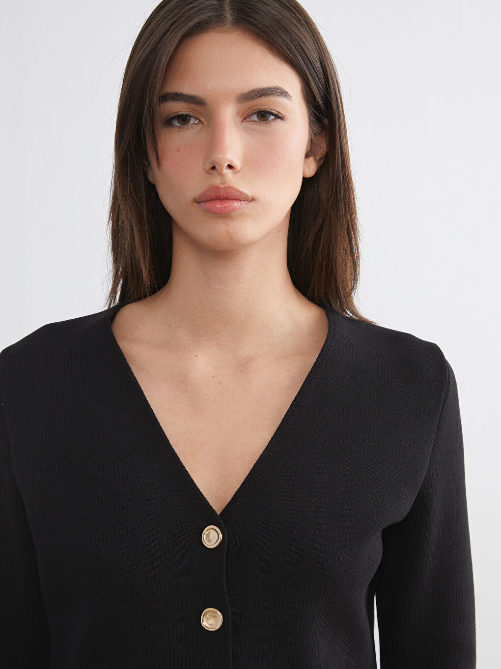 Siyah V Yaka Kadın Triko Hırka-2