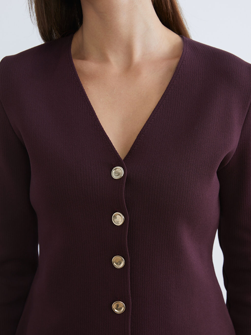 Bordo V Yaka Kadın Triko Hırka-2