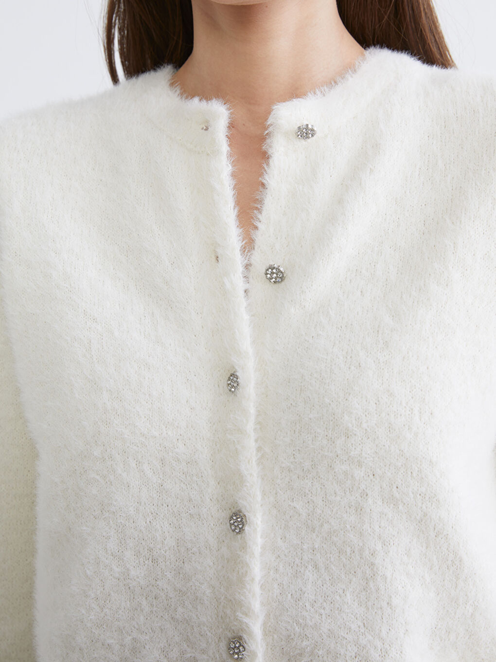 Ekru Bisiklet Yaka Kadın Triko Hırka-2