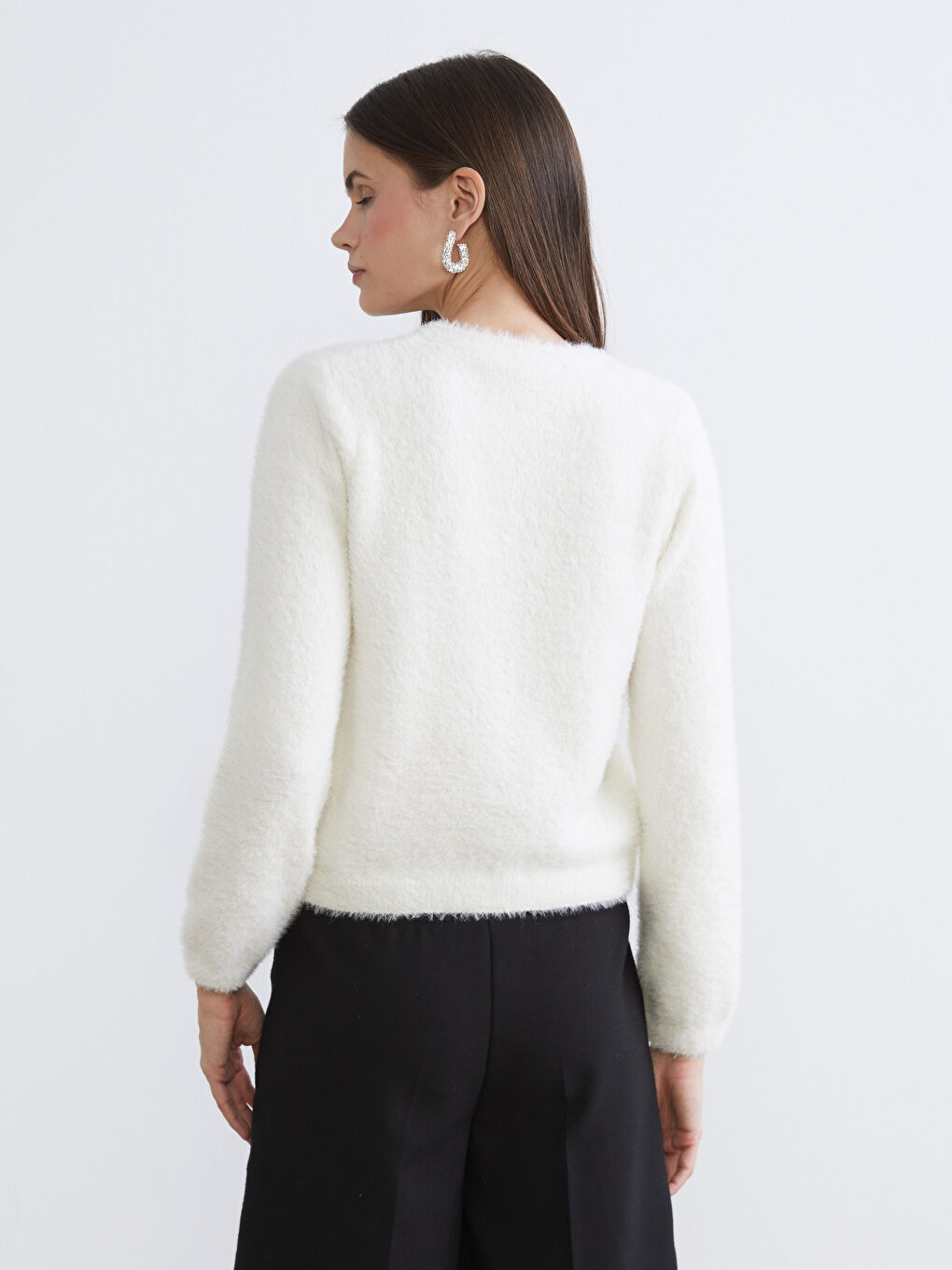 Ekru Bisiklet Yaka Kadın Triko Hırka-3