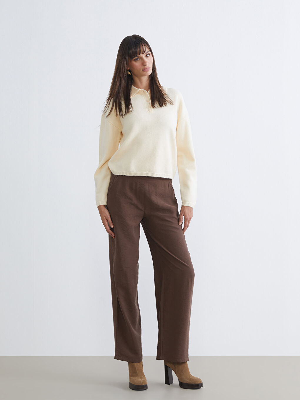 Kahverengi Beli Lastikli Geniş Paça Kadın Pantolon