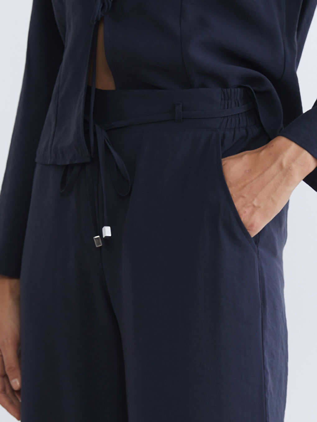 Lacivert Beli Lastikli Geniş Paça Kadın Pantolon-2