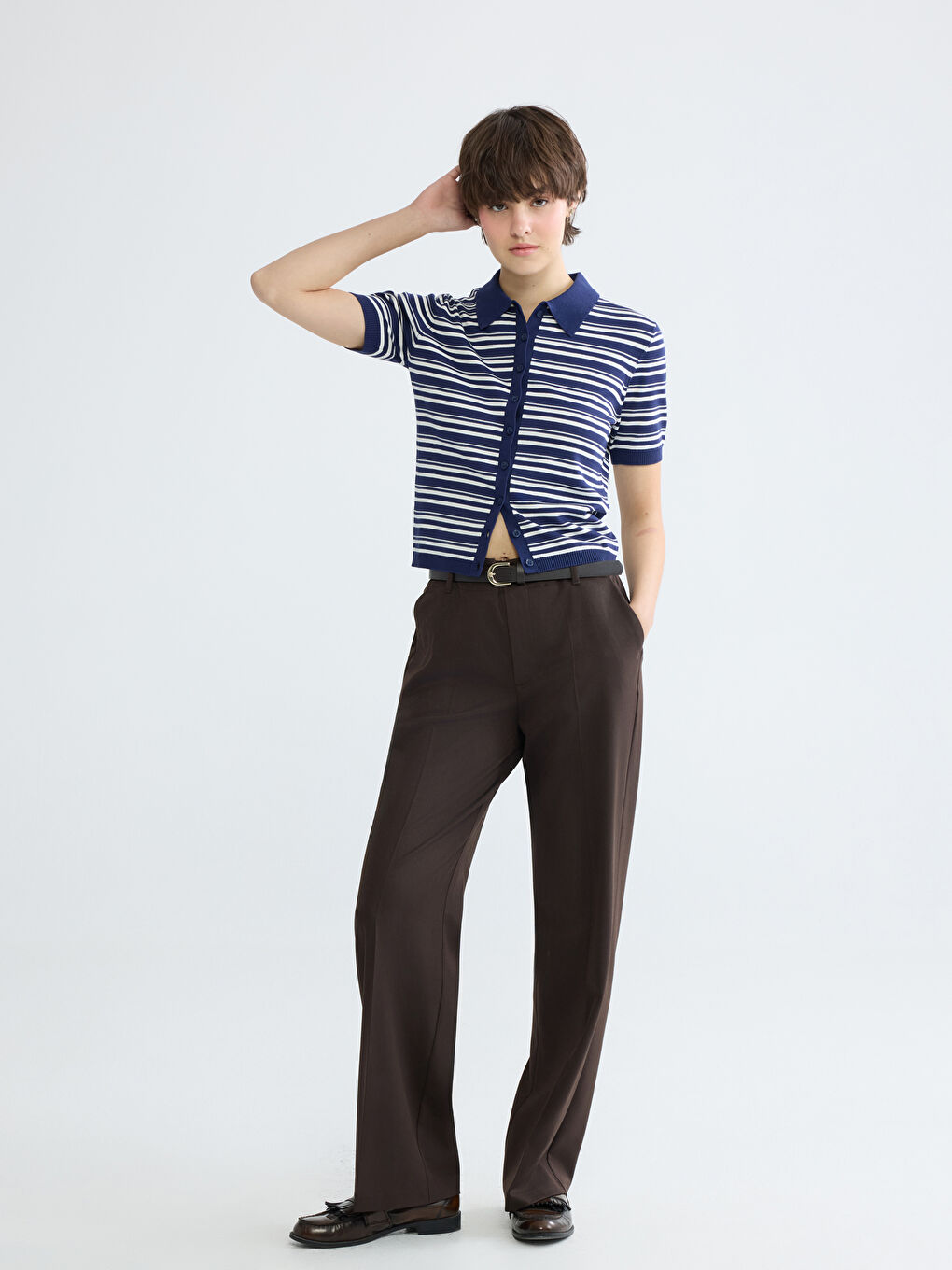 Kahverengi Beli Kemerli Geniş Paça Kadın Pantolon