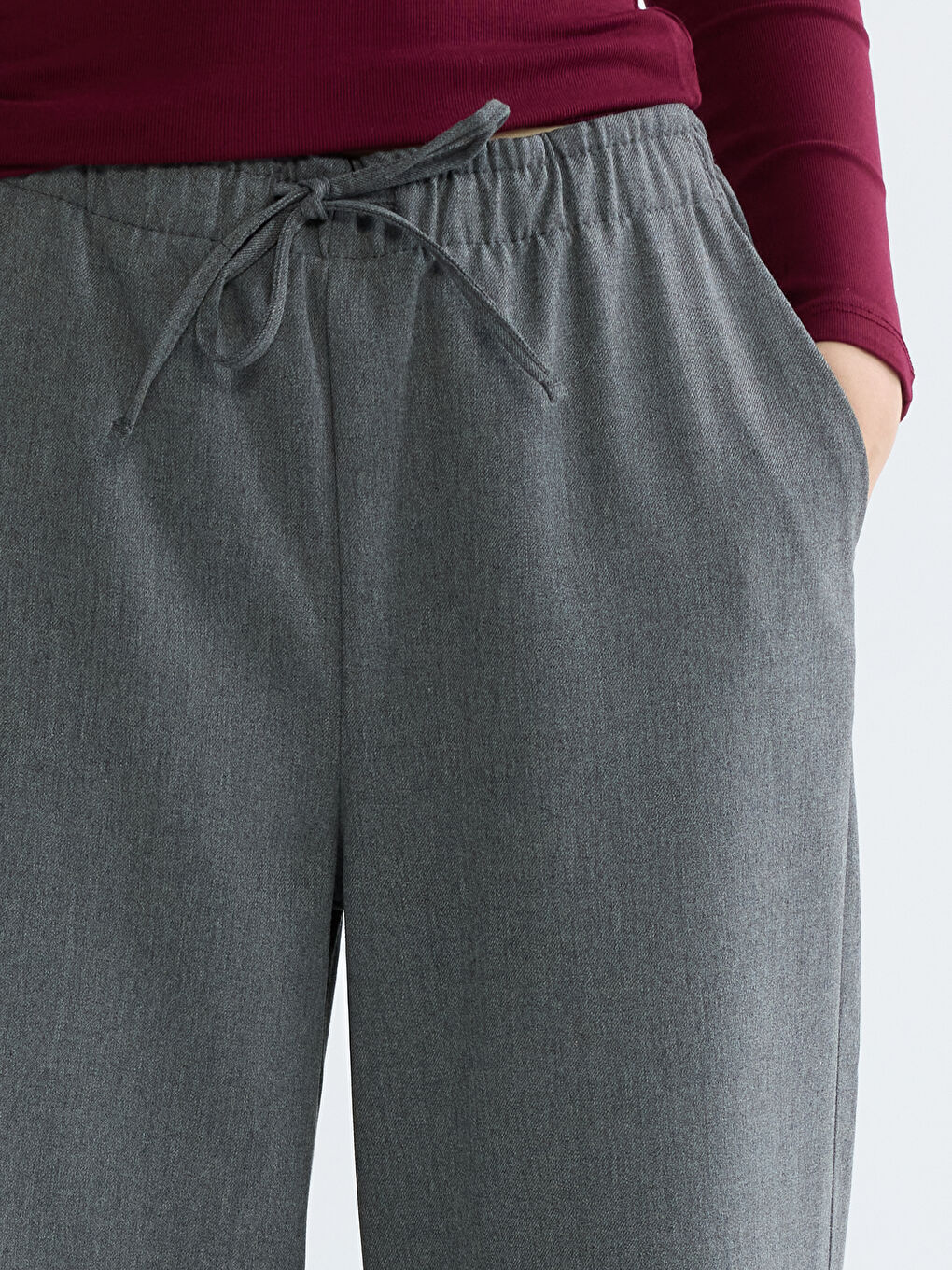 Gri Beli Lastikli Geniş Paça Kadın Pantolon-2