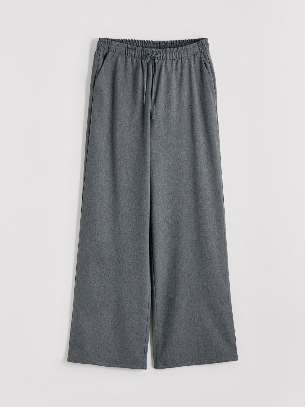 Gri Beli Lastikli Geniş Paça Kadın Pantolon-4