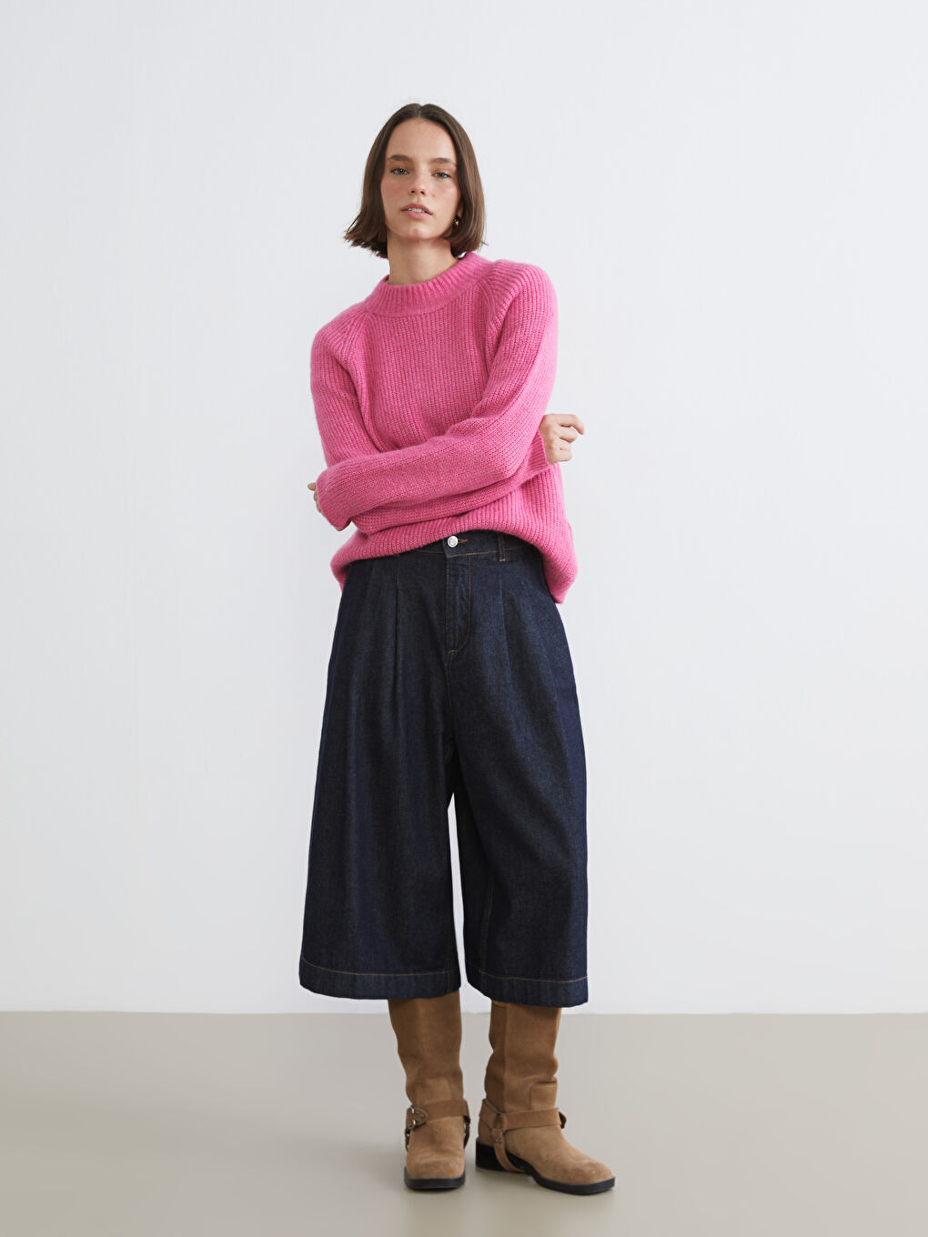 Pembe Yarım Balıkçı Yaka Kadın Triko Kazak-1