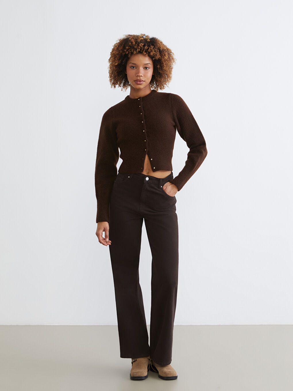 Kahverengi Bisiklet Yaka Kadın Triko Hırka-1