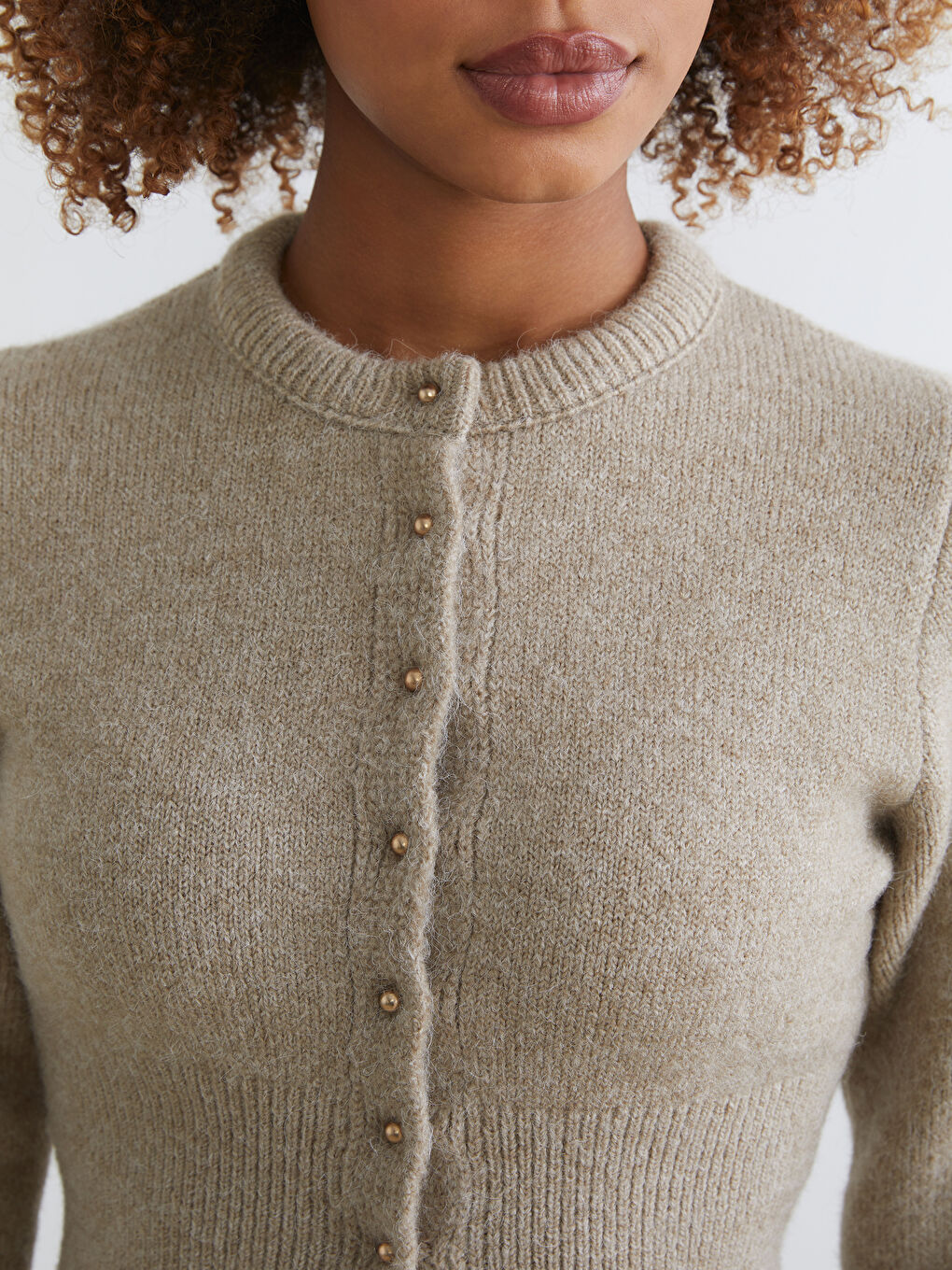 Bej Bisiklet Yaka Kadın Triko Hırka-2