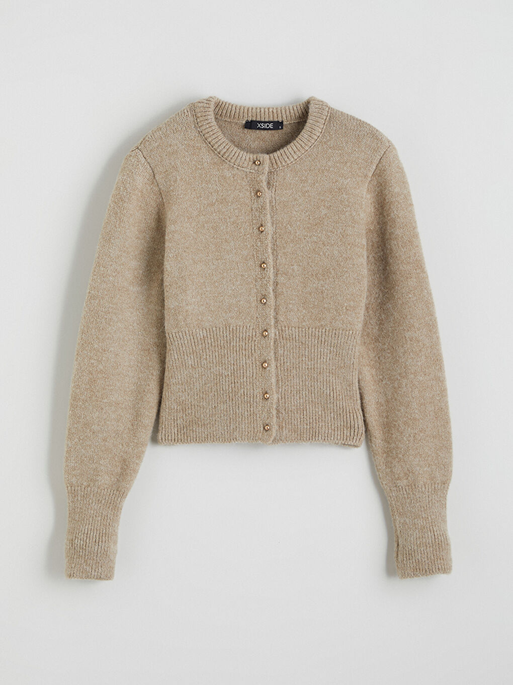 Bej Bisiklet Yaka Kadın Triko Hırka-4