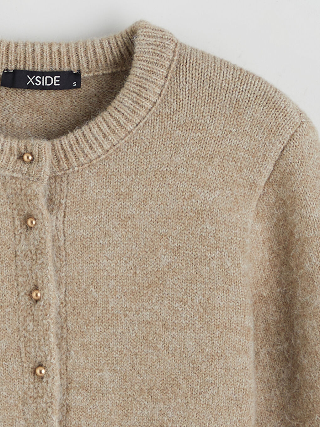 Bej Bisiklet Yaka Kadın Triko Hırka-5