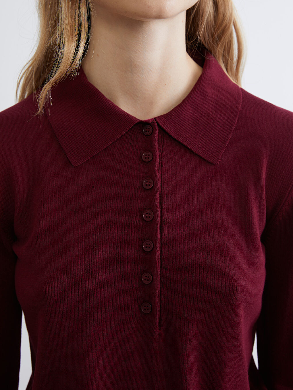 Bordo Polo Yaka Kadın Triko Kazak-2