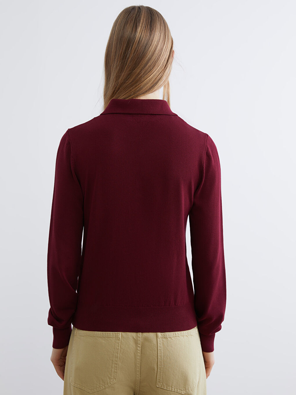 Bordo Polo Yaka Kadın Triko Kazak-3