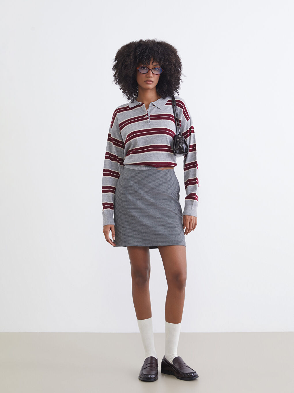 Gri Polo Yaka Çizgili Oversize Kadın Triko Kazak-1