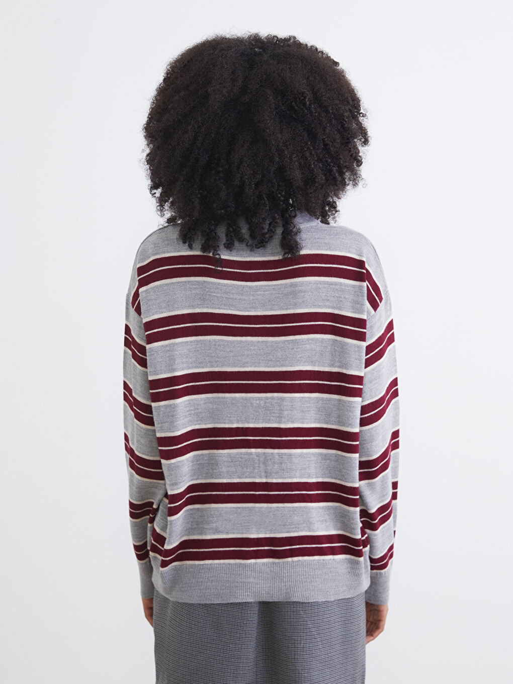 Gri Polo Yaka Çizgili Oversize Kadın Triko Kazak-3