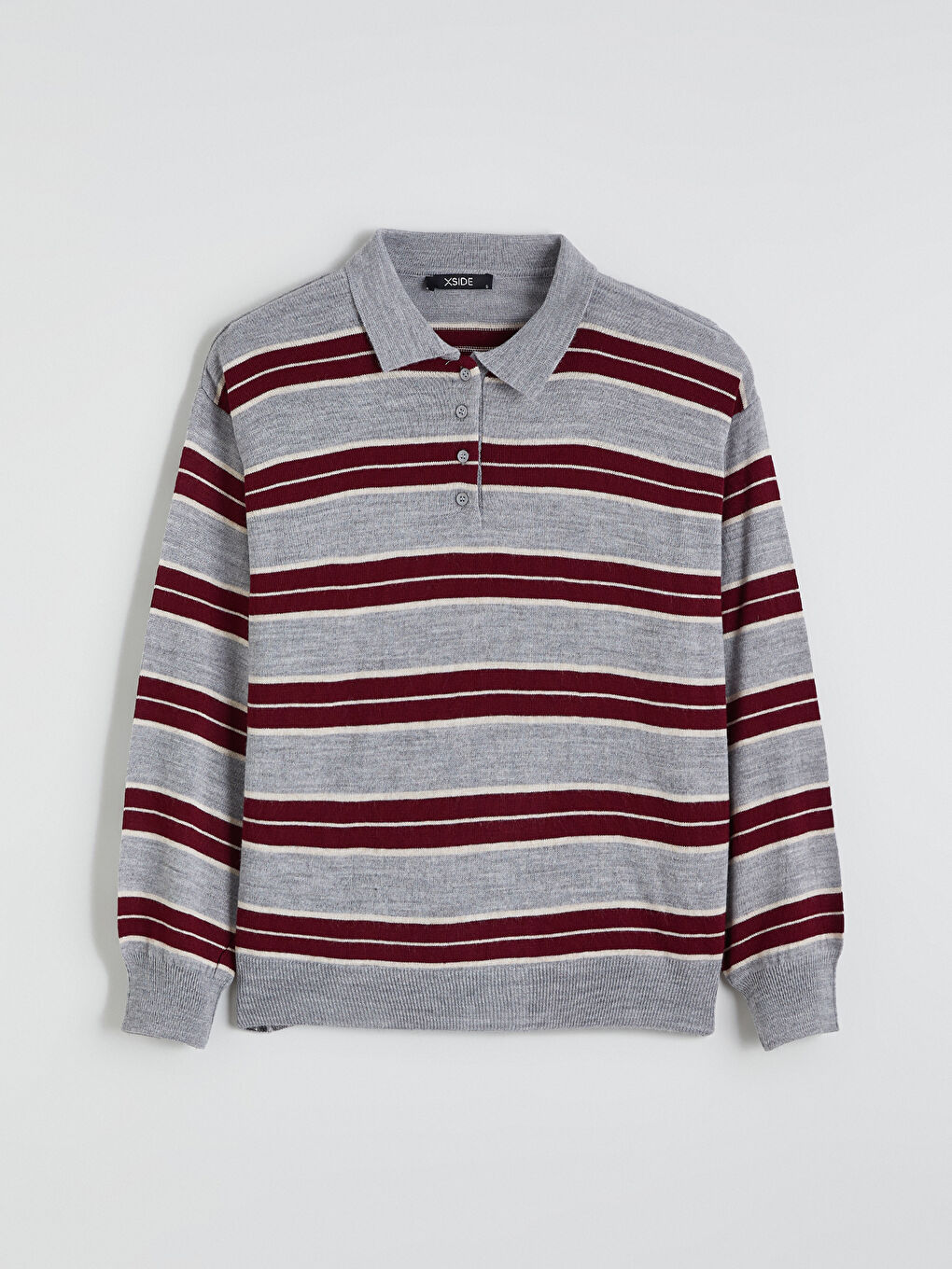 Gri Polo Yaka Çizgili Oversize Kadın Triko Kazak-4