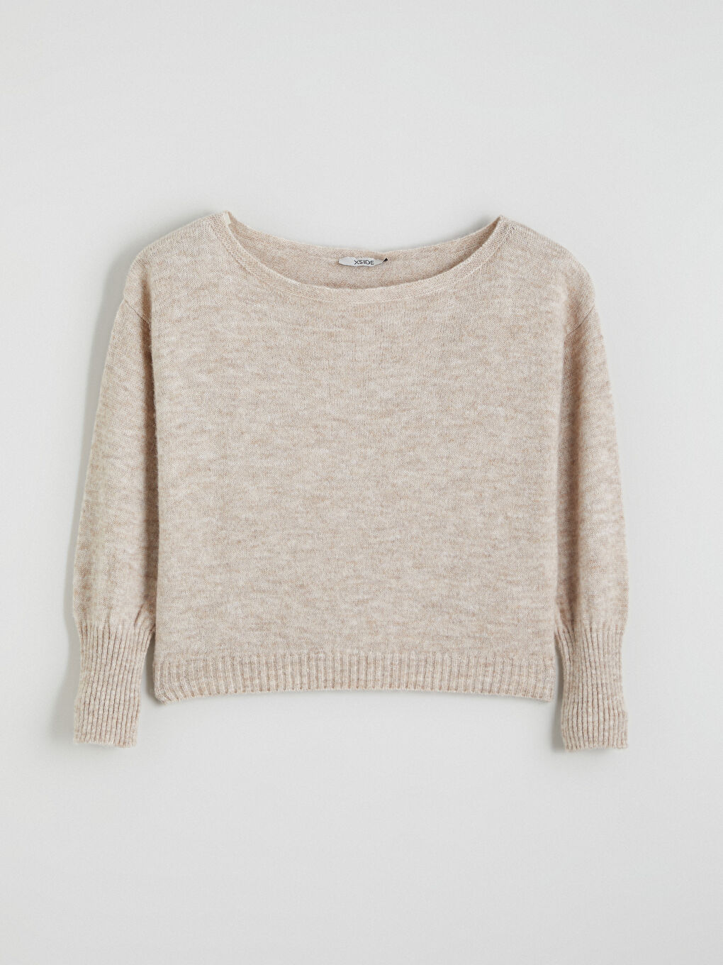 Bej Kayık Yaka Oversize Kadın Triko Kazak-4