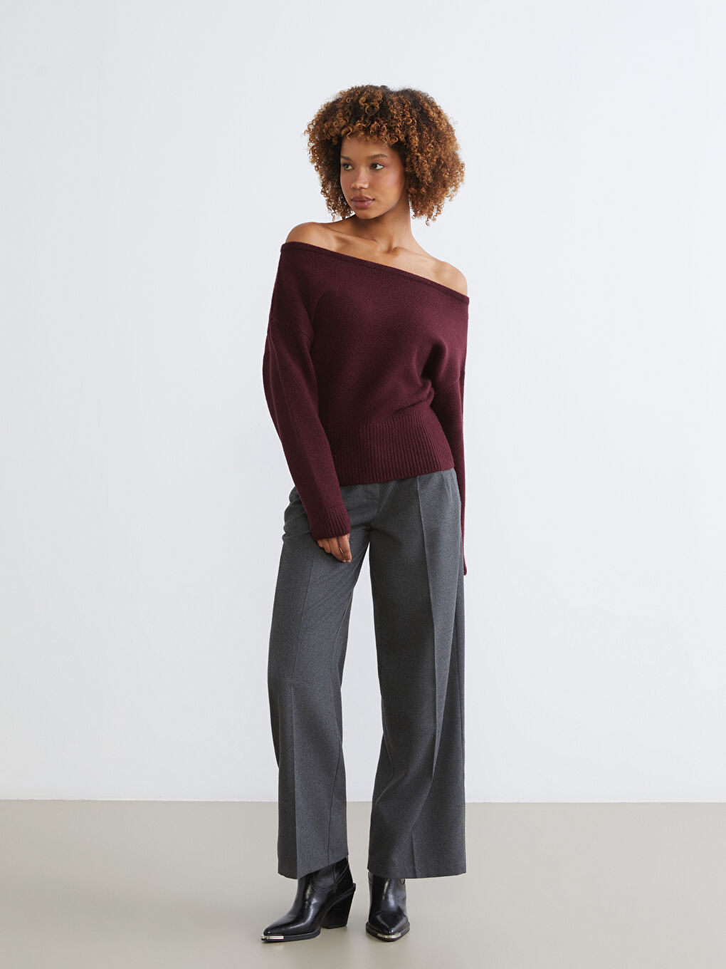 Bordo Kayık Yaka Kadın Triko Kazak-1