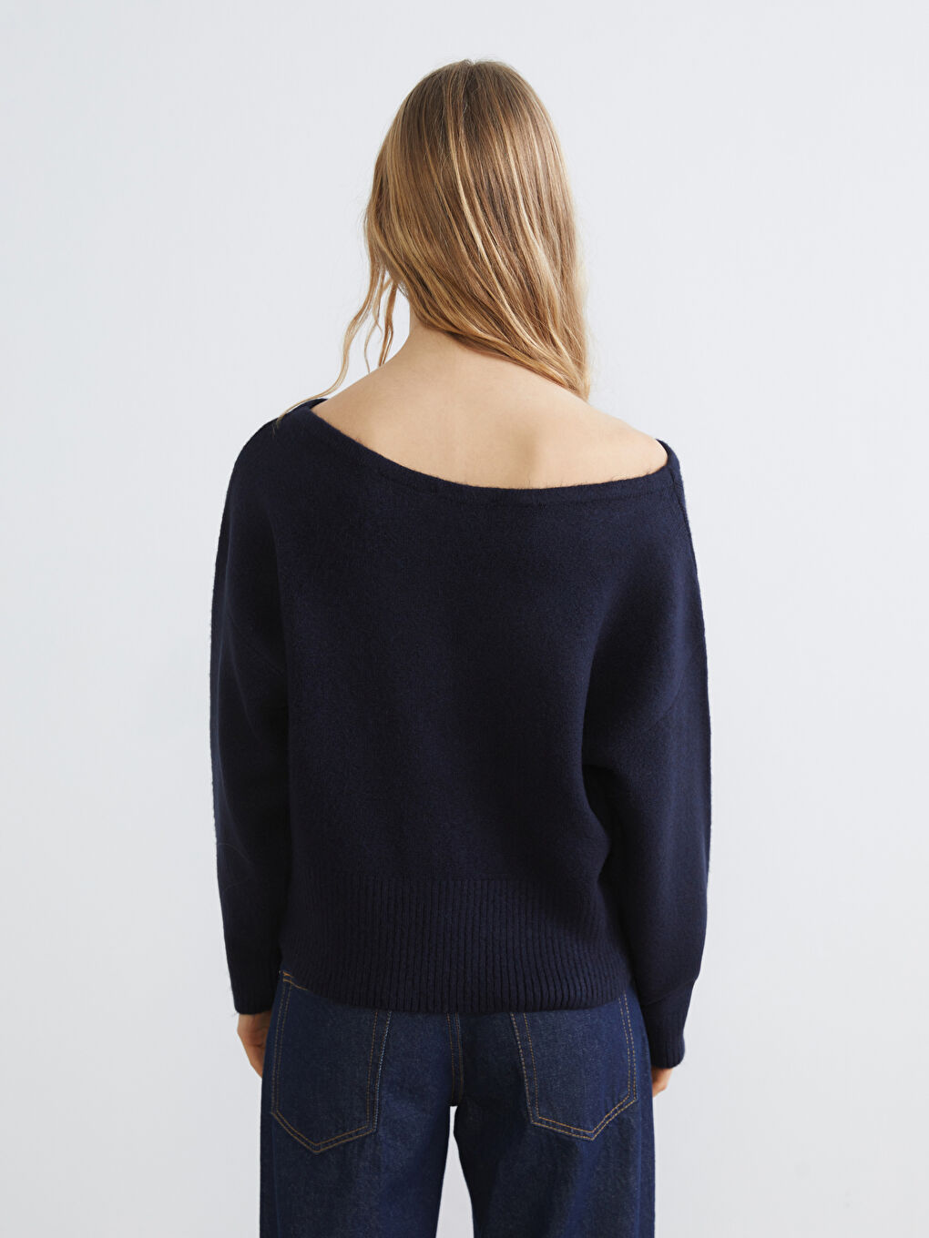 Lacivert Kayık Yaka Kadın Triko Kazak-3