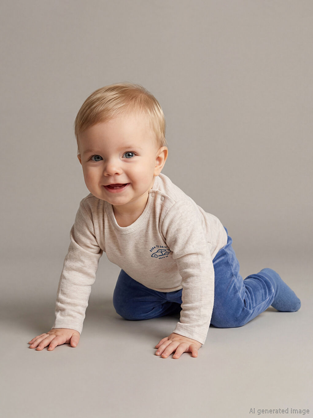 Ekru Bisiklet Yaka Erkek Bebek Kadife Pijama Takımı