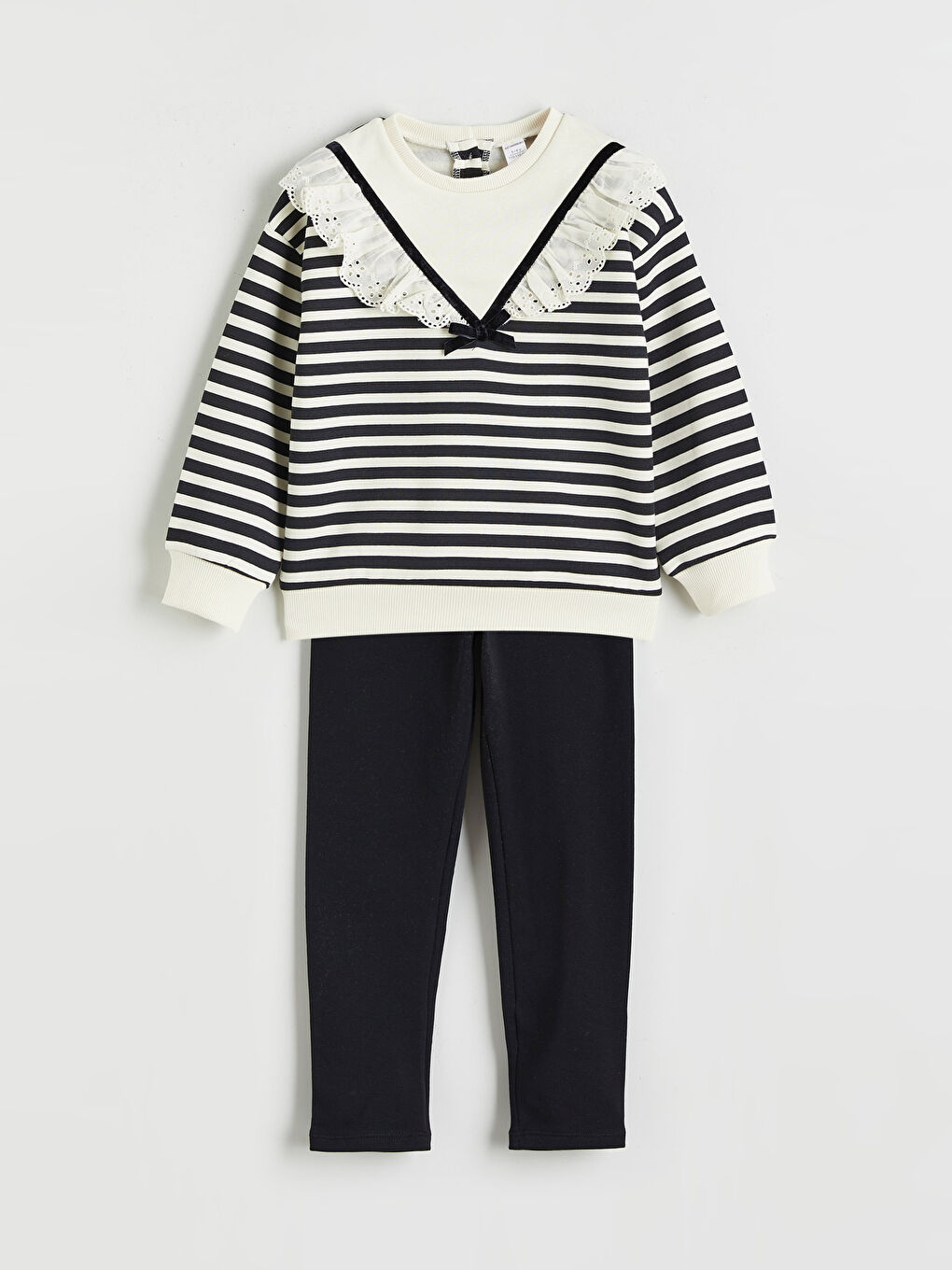 Siyah Bebe Yaka Çizgili Kız Çocuk Sweatshirt ve Tayt