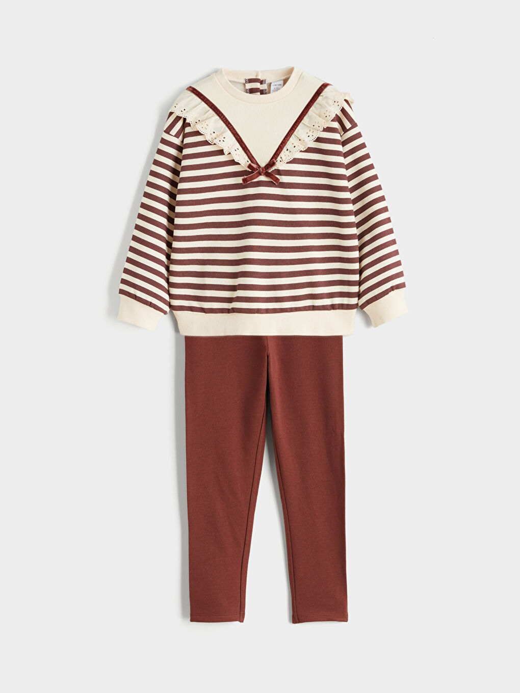 Kahverengi Bebe Yaka Çizgili Kız Çocuk Sweatshirt ve Tayt