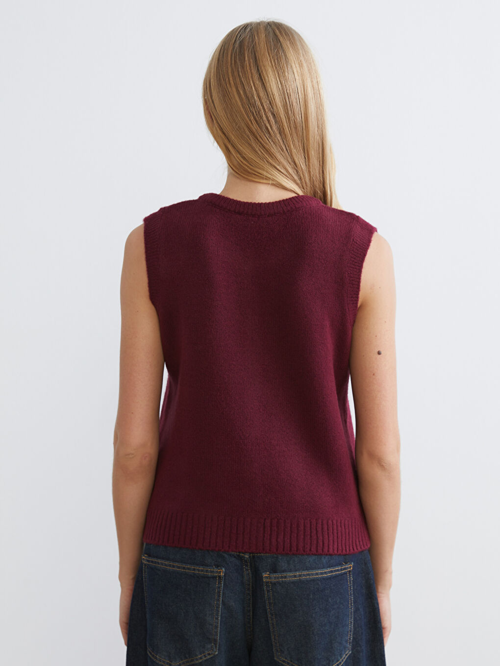 Bordo Bisiklet Yaka Kadın Triko Yelek-3