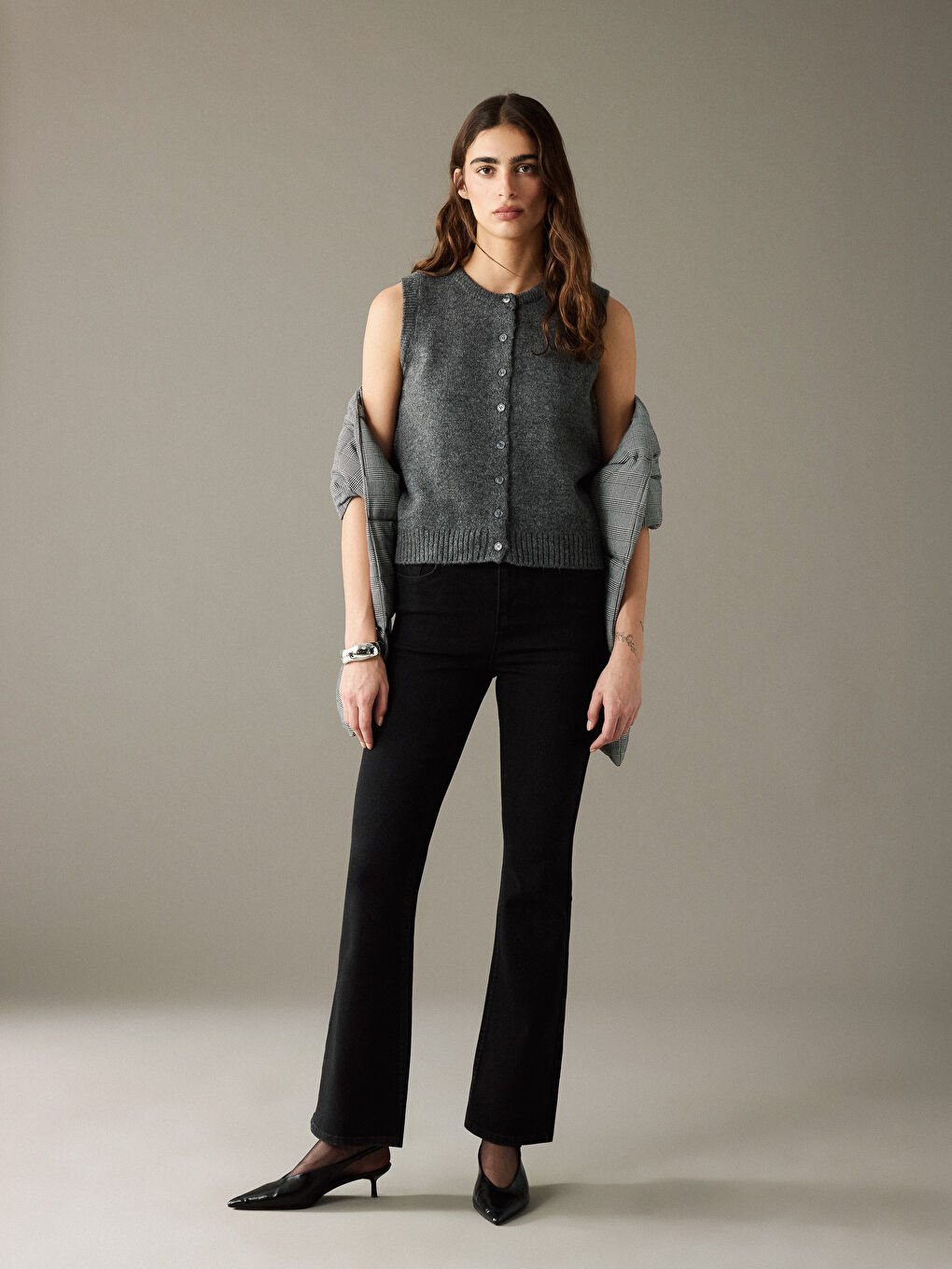 Antrasit Bisiklet Yaka Kadın Triko Yelek-2