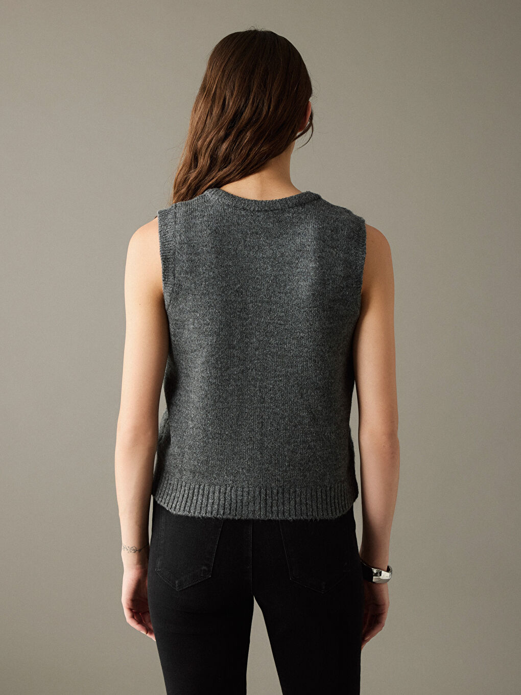 Antrasit Bisiklet Yaka Kadın Triko Yelek-6