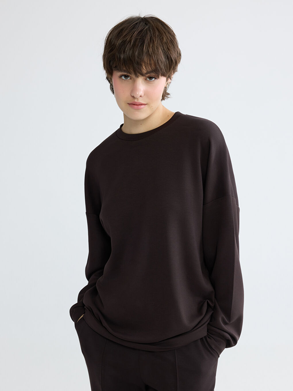 Kahverengi Bisiklet Yaka Oversize Kadın Sweatshirt