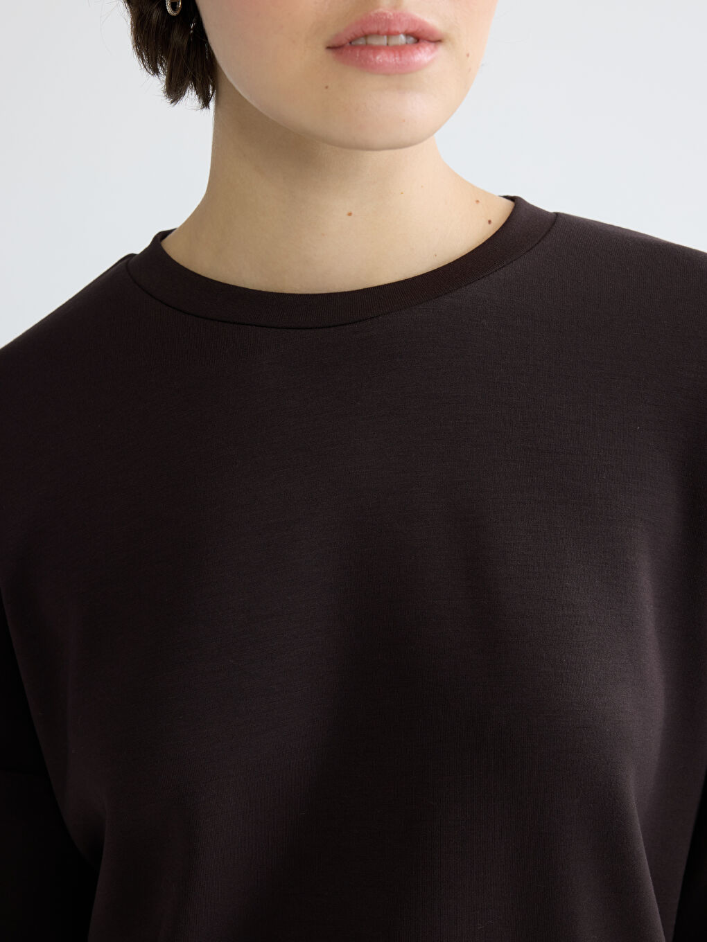 Kahverengi Bisiklet Yaka Oversize Kadın Sweatshirt-2