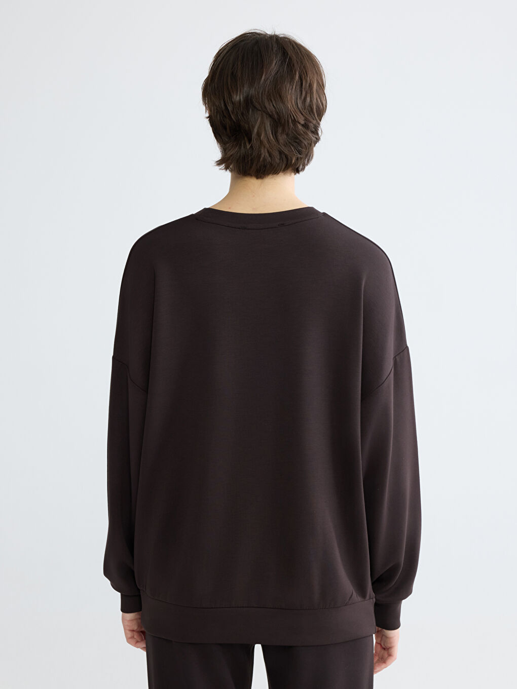 Kahverengi Bisiklet Yaka Oversize Kadın Sweatshirt-3
