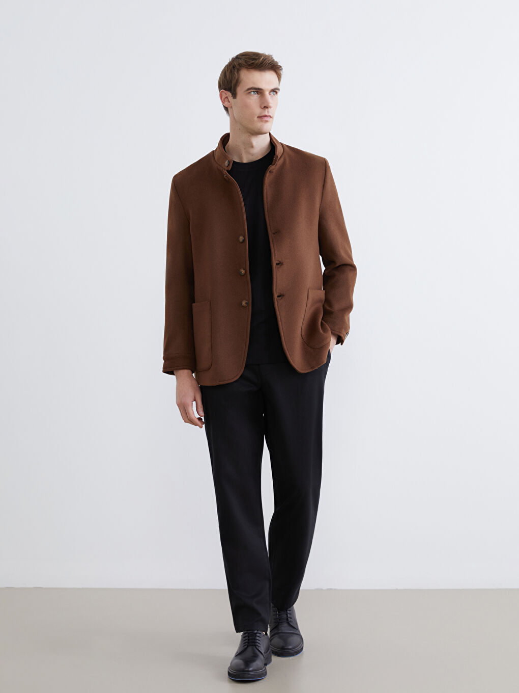 Kahverengi Standart Kalıp Dik Yaka Erkek Kaşe Kaban-1