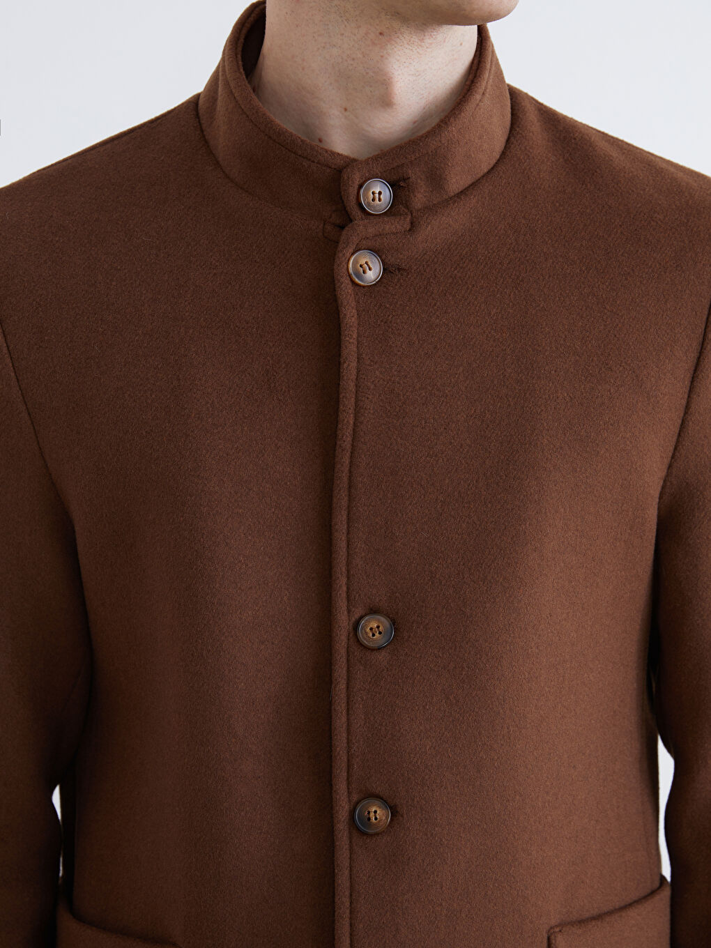 Kahverengi Standart Kalıp Dik Yaka Erkek Kaşe Kaban-2