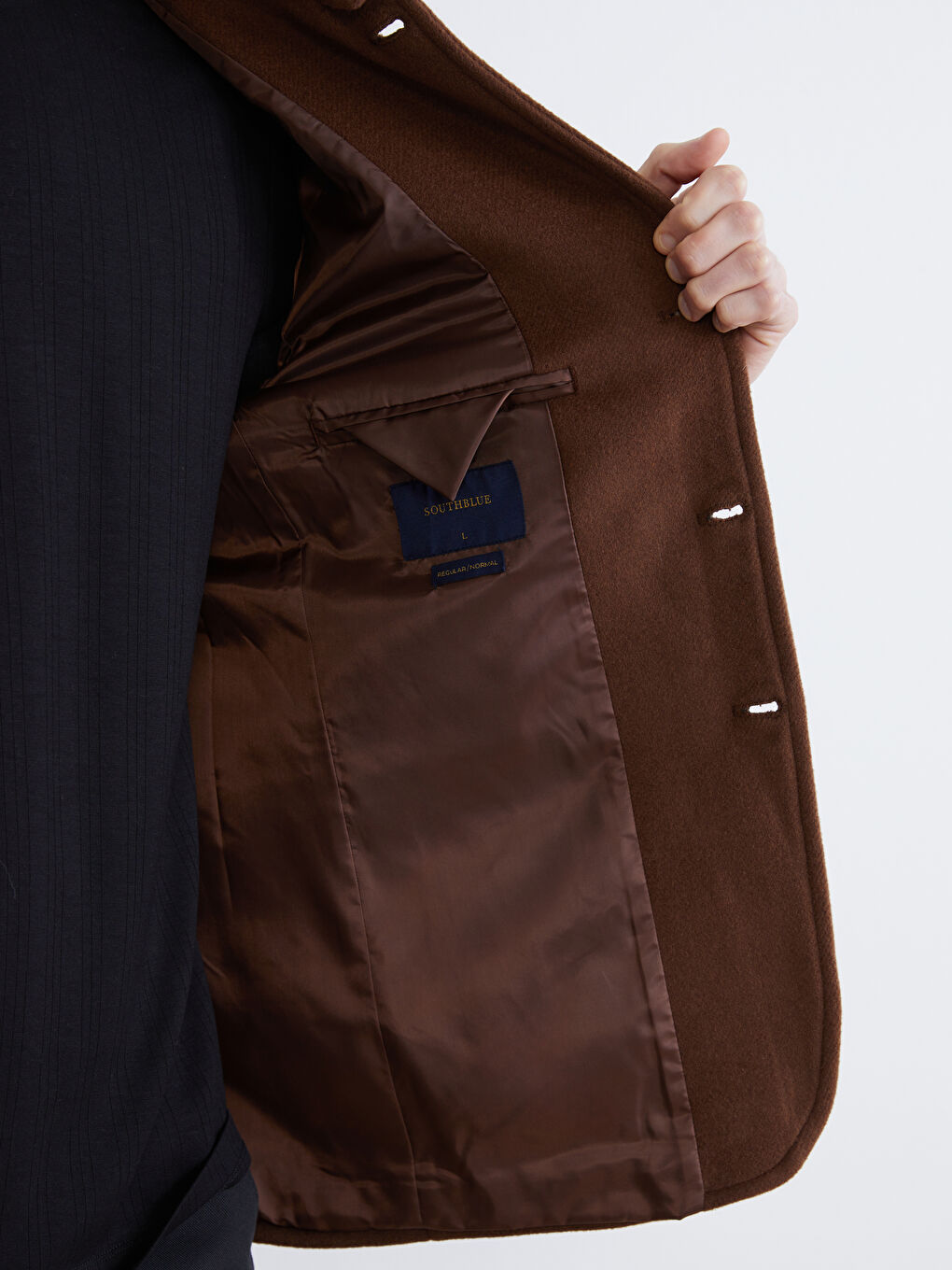 Kahverengi Standart Kalıp Dik Yaka Erkek Kaşe Kaban-3