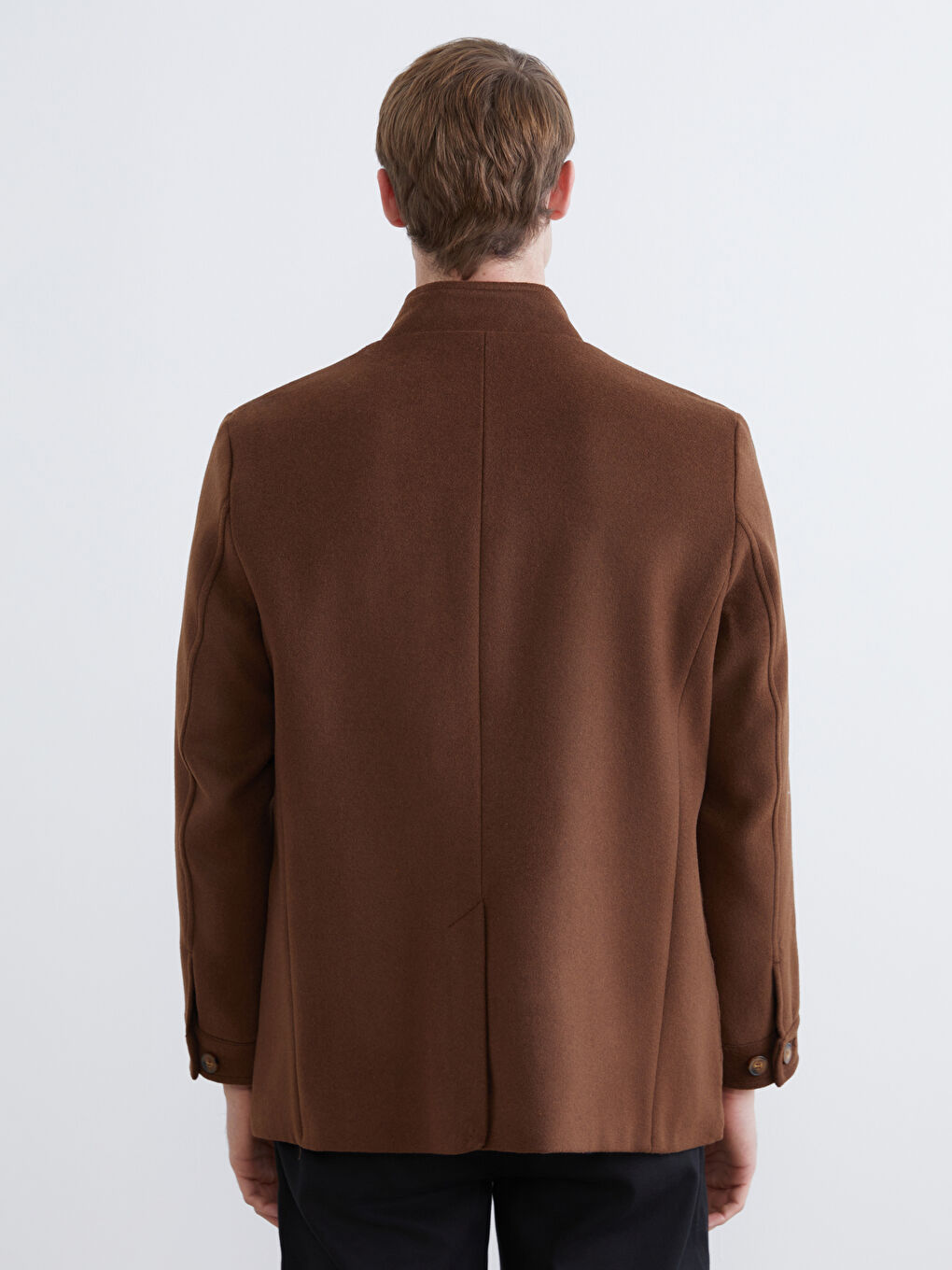 Kahverengi Standart Kalıp Dik Yaka Erkek Kaşe Kaban-4
