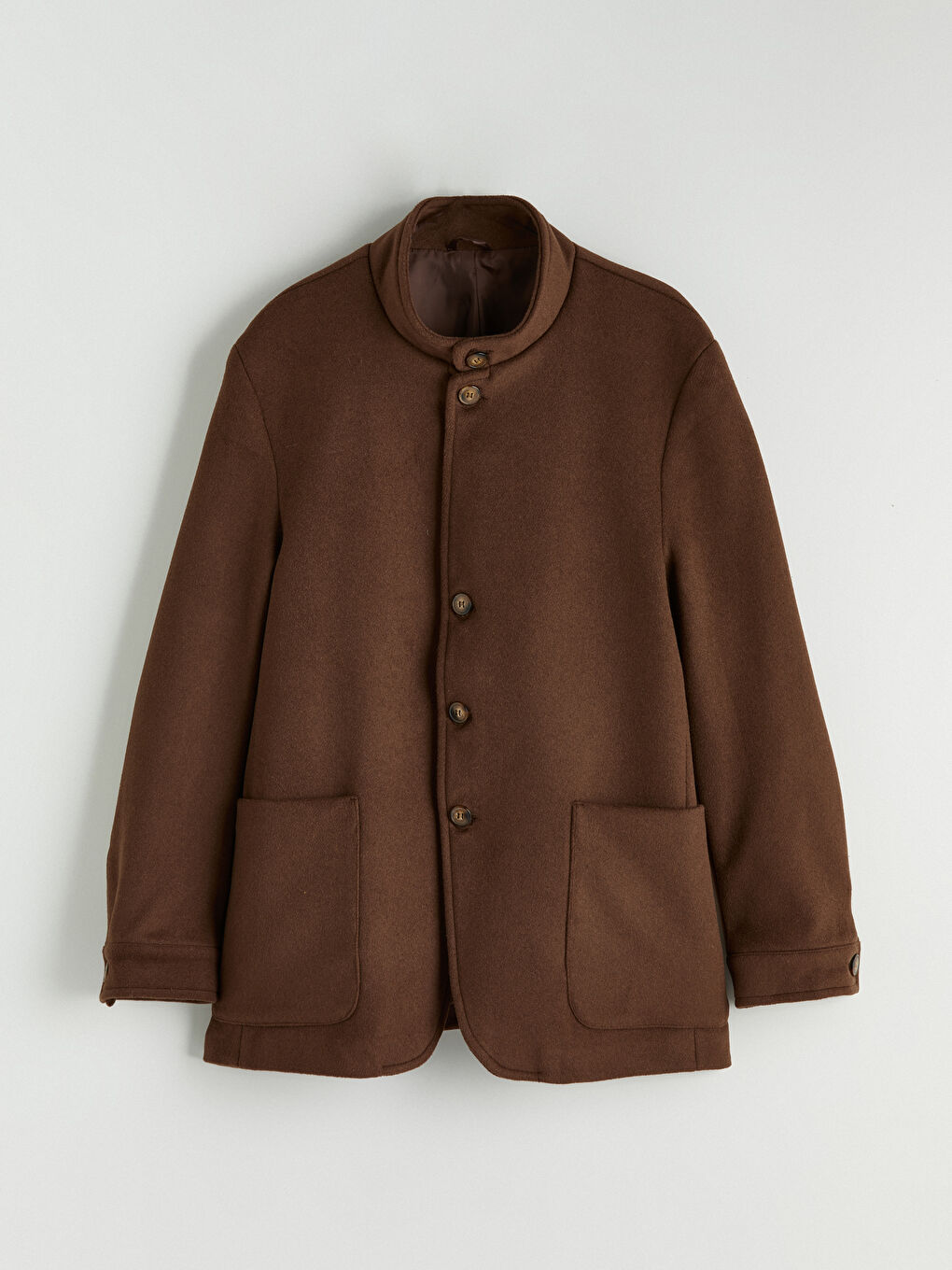 Kahverengi Standart Kalıp Dik Yaka Erkek Kaşe Kaban-5