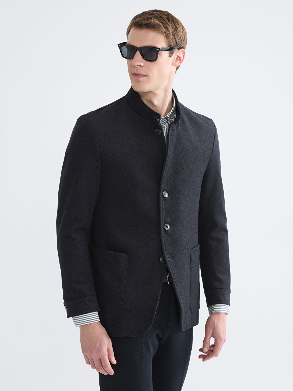 Antrasit Standart Kalıp Dik Yaka Erkek Kaşe Kaban