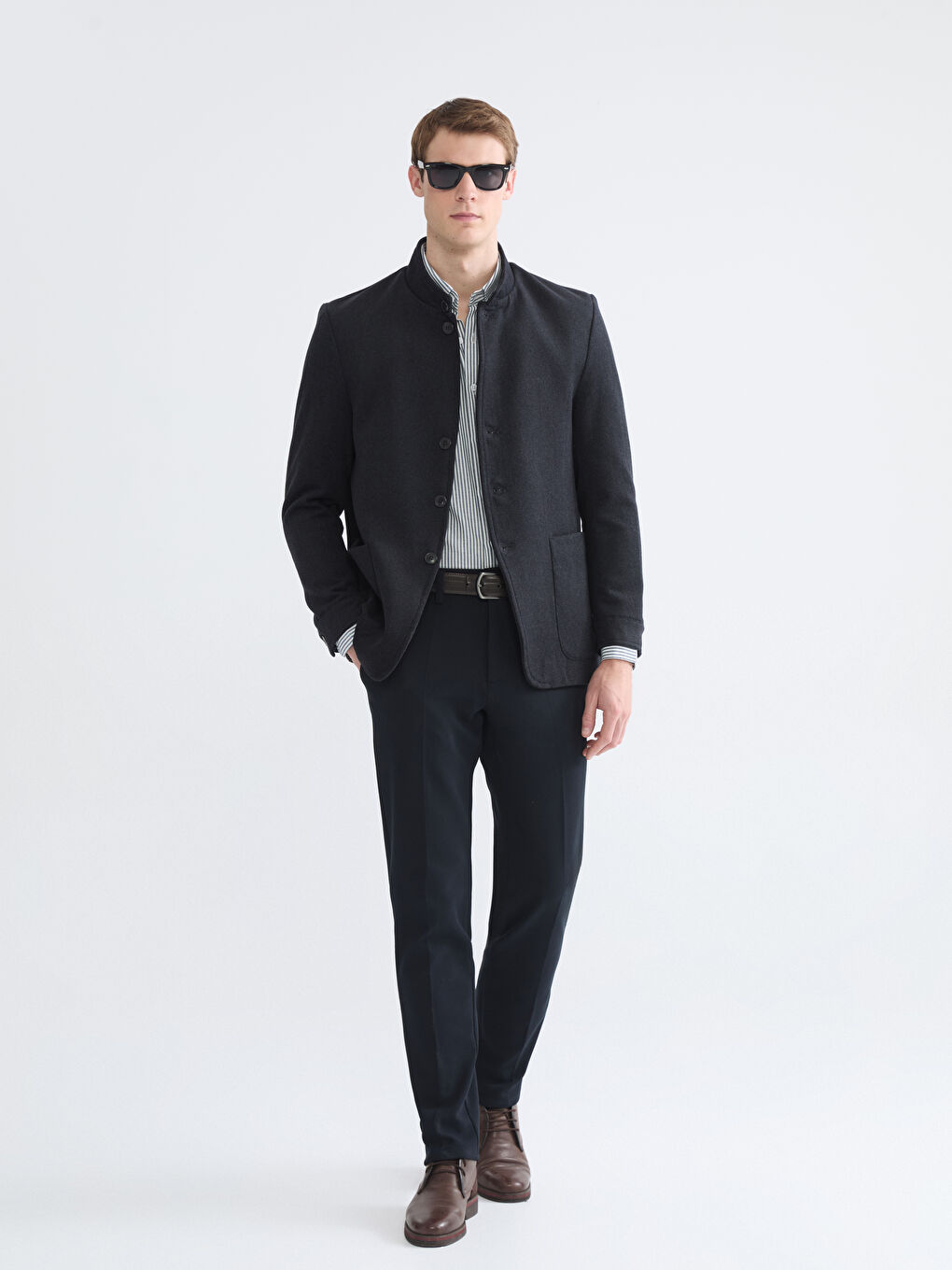 Antrasit Standart Kalıp Dik Yaka Erkek Kaşe Kaban-1